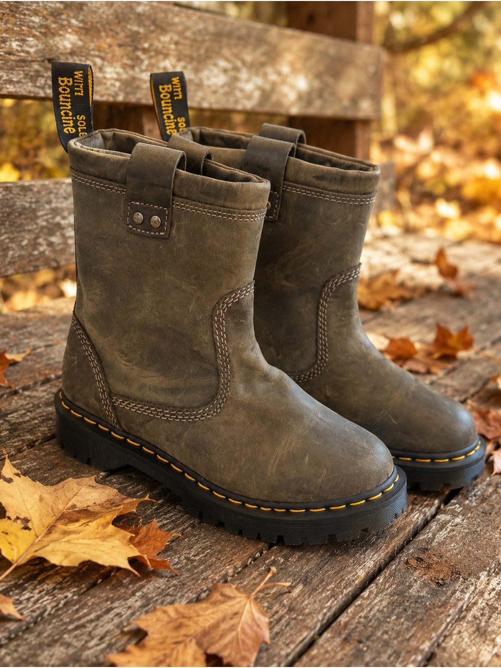 Dr. Martens Distressed Brown Pull-On Boots Lug Sole Biker Work Boots NEW